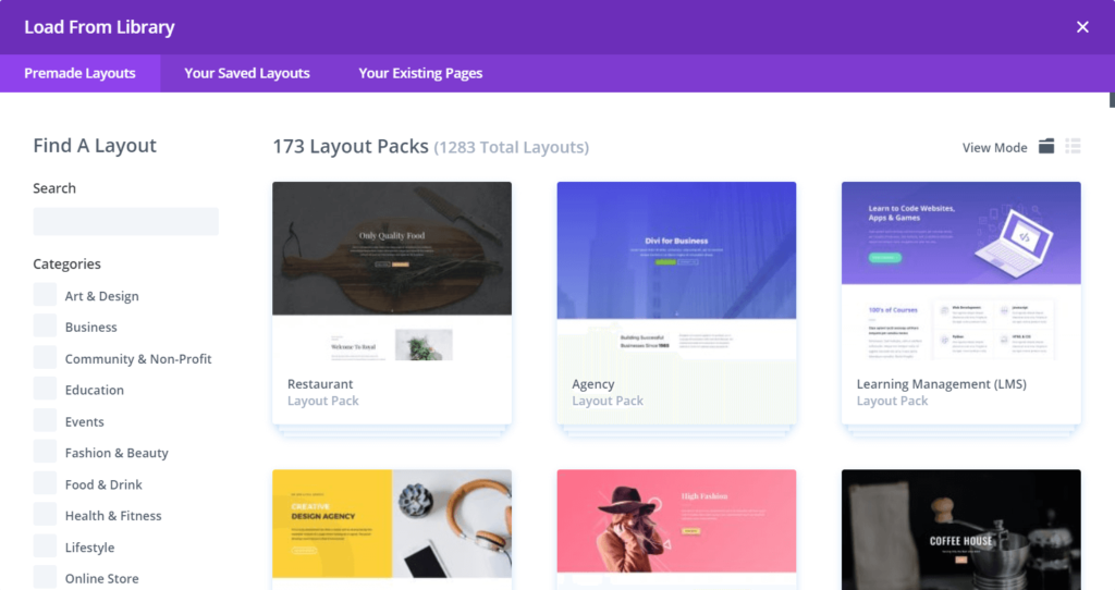 WordPress page builder - Divi template library