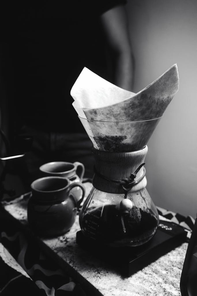 A black and white photo of a coffee brewing setup with a Chemex and mugs indoors.