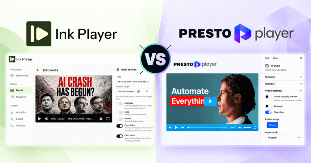 Ink Player vs Presto Player, WordPress video player plugin, featured image