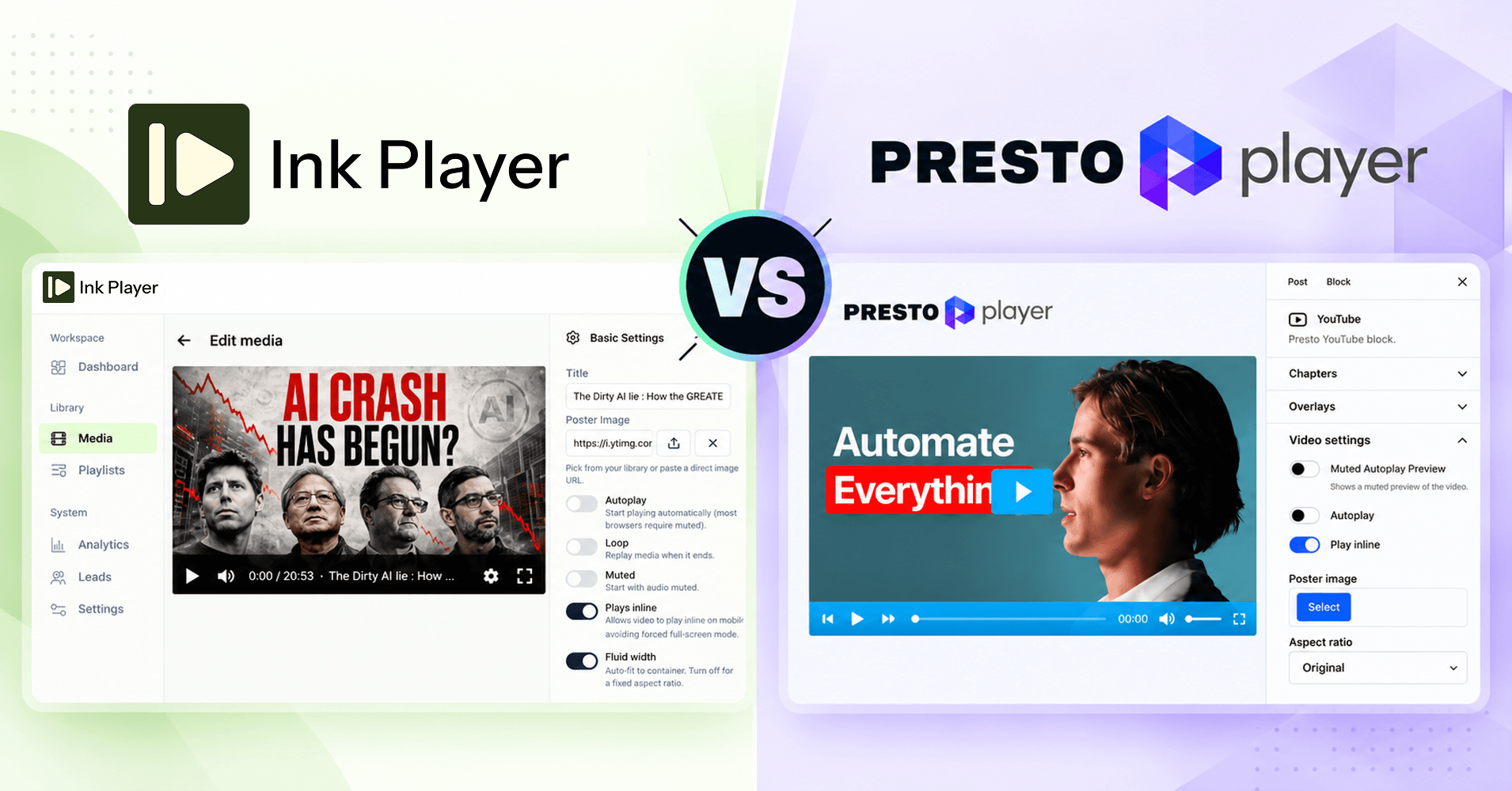 Ink Player vs Presto Player, WordPress video player plugin, featured image